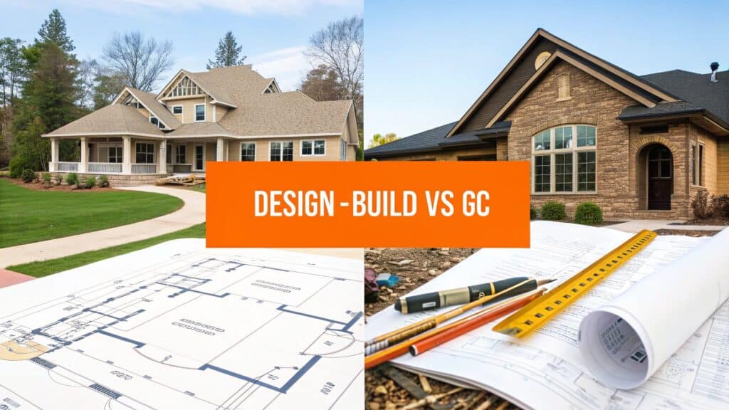 Design-build vs. general contractor comparison, featuring a residential home exterior and architectural blueprints, highlighting home remodeling options in Orange County.