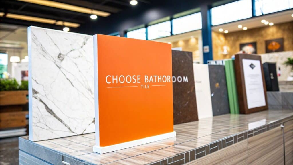 Choose Bathroom Tile display with various tile samples, emphasizing selection for bathroom remodeling in Orange County.
