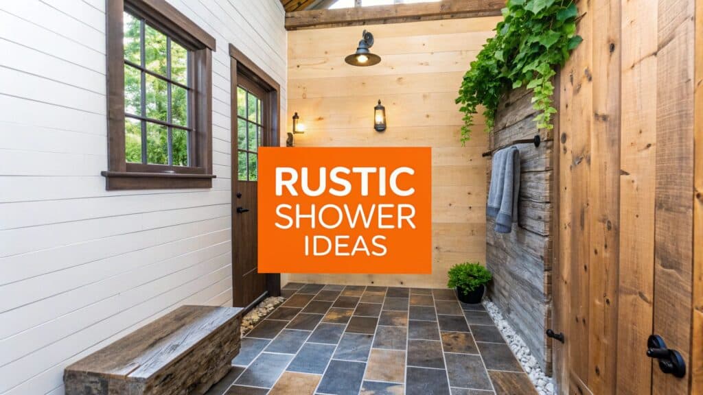Rustic shower design featuring natural wood accents, stone flooring, and greenery, with a prominent "RUSTIC SHOWER IDEAS" graphic, ideal for inspiring bathroom renovations in Orange County.