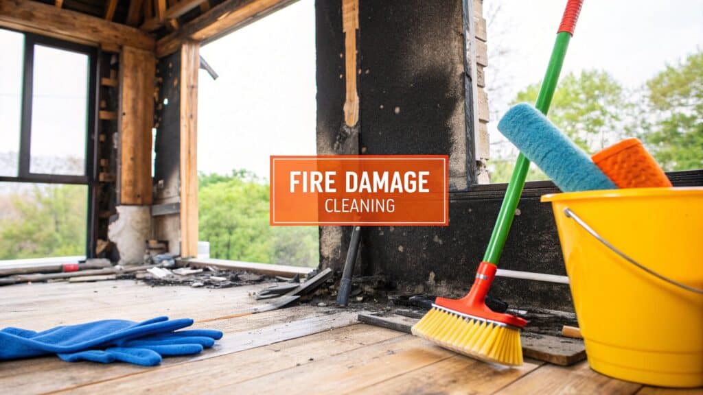 Fire damage cleaning tools including gloves, a broom, and sponges in a partially damaged room, with an overlay text "FIRE DAMAGE CLEANING," emphasizing restoration efforts for homeowners in Orange County.