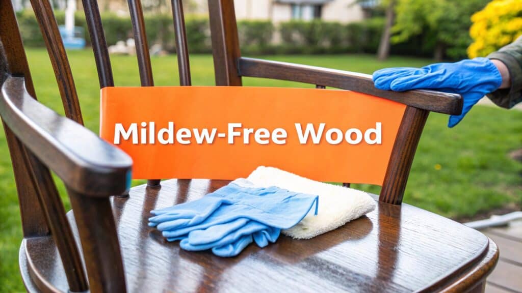 Mildew-free wood chair with orange sign, cleaning cloth, and blue gloves, emphasizing mildew removal for wood furniture care.