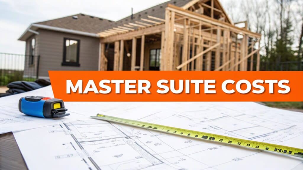 Master suite costs with construction plans and measuring tape in foreground, framing of a house under renovation in background, relevant to home addition investment in Orange County.