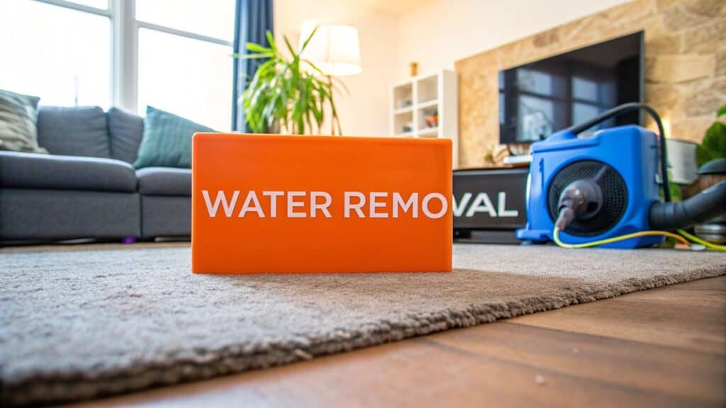 Orange box labeled "WATER REMOVAL" in a living room setting with a couch and water extraction equipment, emphasizing water damage restoration services for homeowners.