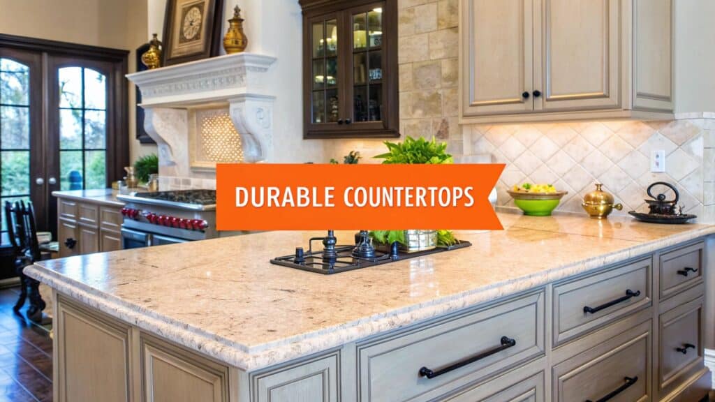Luxury kitchen with durable granite countertops, featuring a central island, elegant cabinetry, and decorative elements, emphasizing high-end design and functionality.