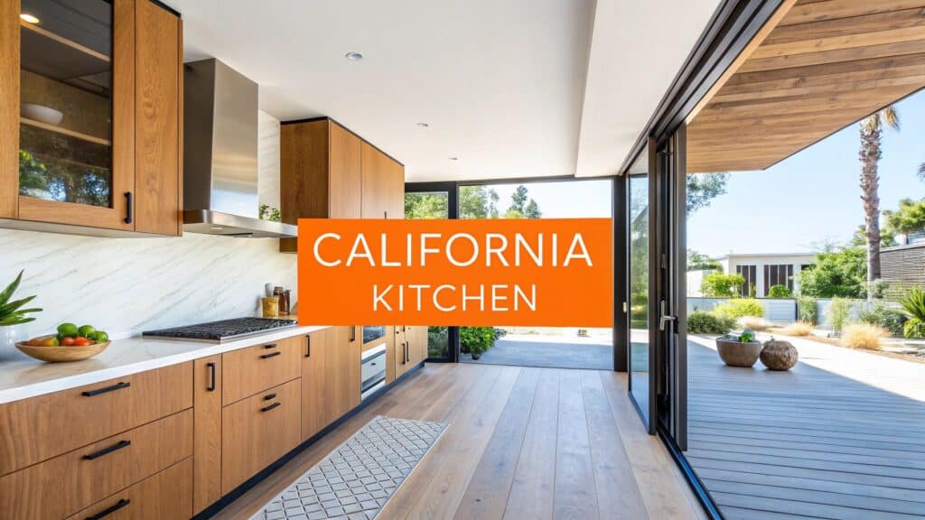 California kitchen design featuring modern wooden cabinetry, open layout, and seamless indoor-outdoor connection, with bright natural light and stylish decor.