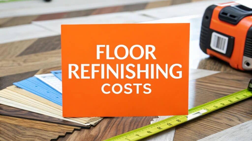 Floor refinishing costs sign on hardwood flooring samples with measuring tape and power tool, relevant to hardwood floor refinishing pricing in Orange County.
