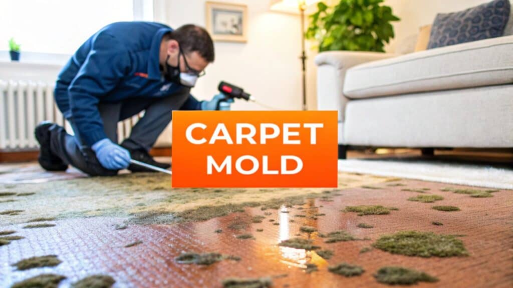 Professional inspecting carpet for mold after water damage, with visible mold patches and water on the floor, emphasizing urgent mold remediation in Orange County homes.