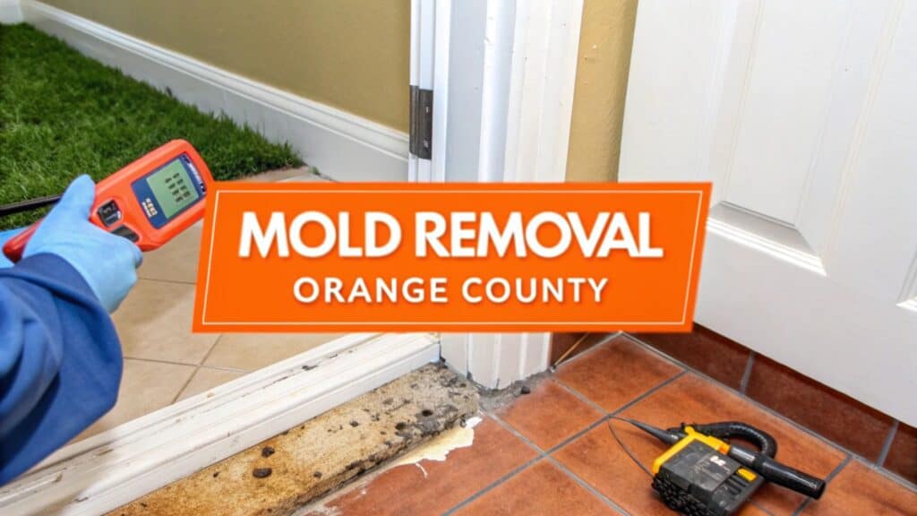 Mold removal process in Orange County, featuring a technician using a moisture meter near mold-affected area, emphasizing professional remediation services.