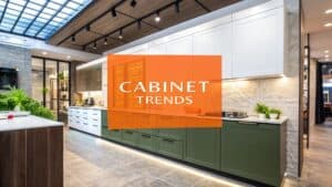 Modern kitchen interior showcasing cabinet trends, featuring green and white cabinetry, sleek countertops, and contemporary design elements, emphasizing latest kitchen remodeling styles for 2026.