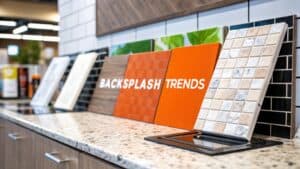 Kitchen backsplash samples showcasing 2026 trends, featuring orange and neutral tiles, displayed on a countertop.