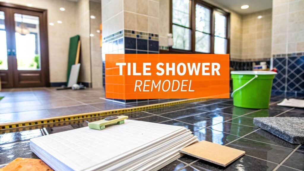 Tile shower remodel materials including stacked tiles and tools in a bathroom setting, emphasizing renovation and design for homeowner comfort.