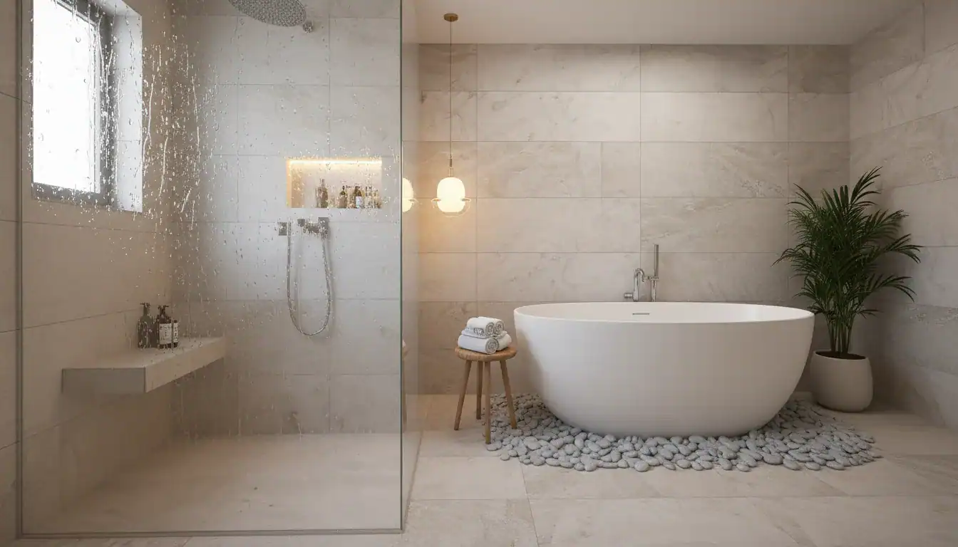 Eco-friendly bathroom showing recycled tiles and low-flow fixtures