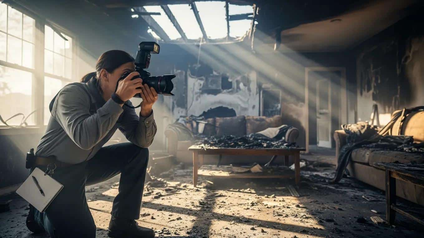 Person photographing fire damage to support an insurance claim
