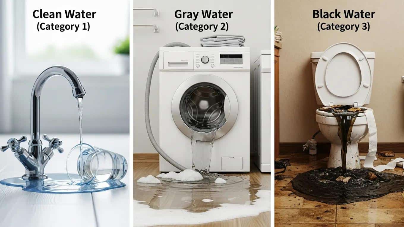 Diagram showing clean, gray, and black water damage categories