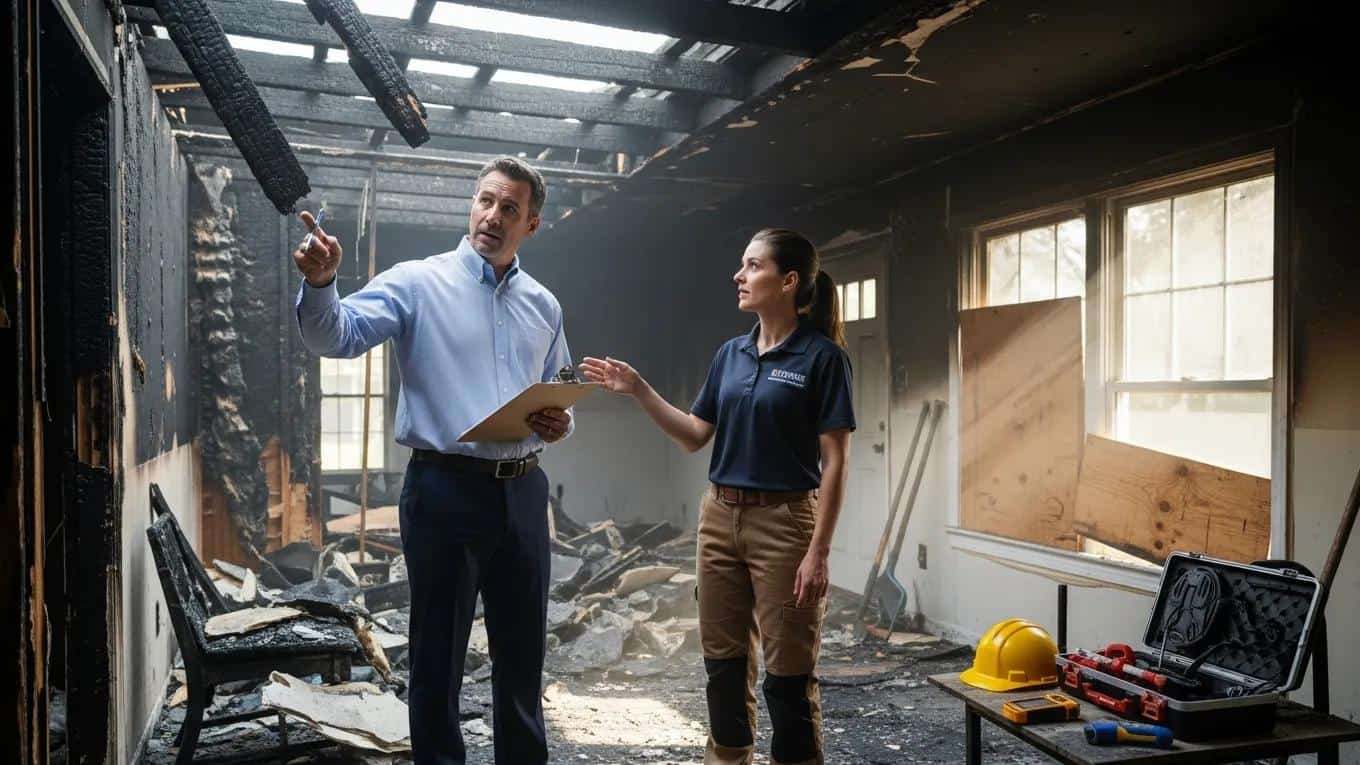 Insurance adjuster and restoration professional assessing fire damage on site