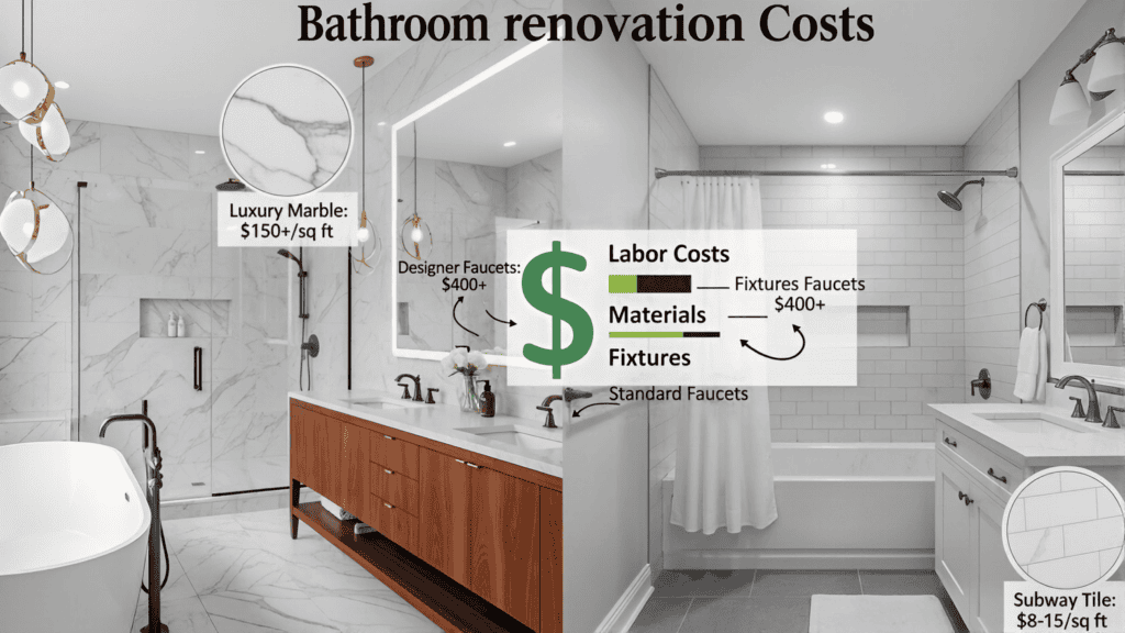 Collage showing bathroom styles and materials across different cost ranges