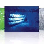 Image showcasing a vibrant blue background with water droplets and a handprint, symbolizing restoration and cleaning services, relevant to Sparkle Restoration's blog and newsletter on home improvement and special offers.